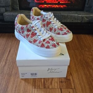 Betsey Johnson Silver Crystal Sneakers with Red Hearts